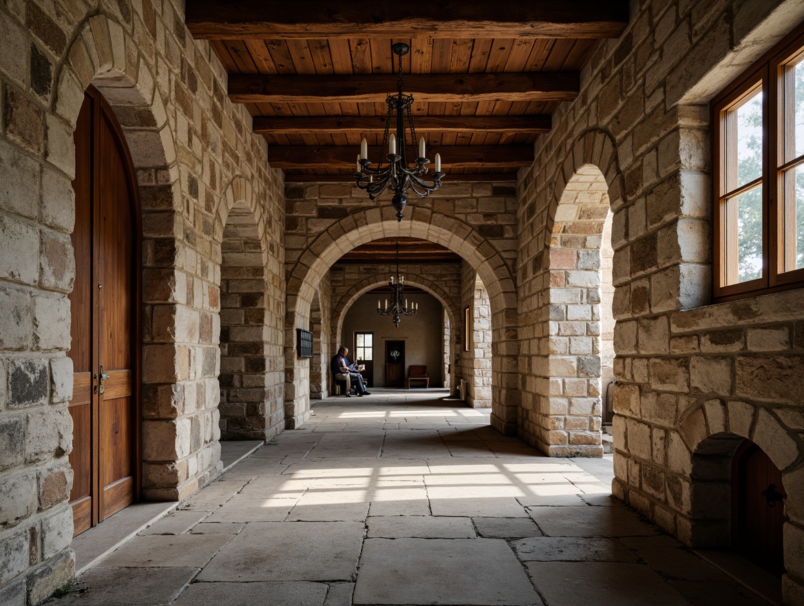 Prompt: Rustic monastery, stone walls, textured stonework, arched windows, wooden accents, distressed wood doors, worn stone floors, dimly lit corridors, vaulted ceilings, ornate frescoes, vintage candle chandeliers, warm earthy tones, soft natural lighting, shallow depth of field, 1/2 composition, realistic textures, ambient occlusion.