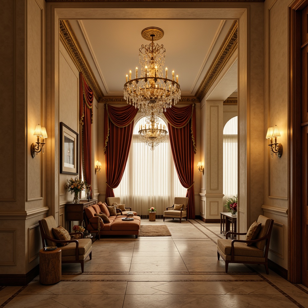 Prompt: Elegant neoclassical interior, ornate chandeliers, soft warm glow, golden lighting fixtures, cream-colored walls, intricate moldings, luxurious fabrics, velvet drapes, crystal sconces, marble floors, subtle shadows, dramatic highlights, 1/2 composition, realistic textures, ambient occlusion, warm color palette, rich wood tones, refined decorations, sophisticated atmosphere.