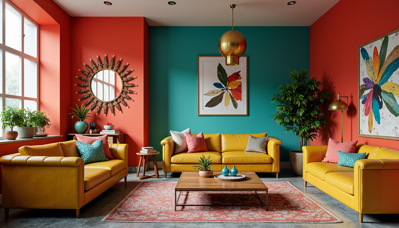 Prompt: Vibrant living room, bold color palette, bright coral walls, turquoise accents, yellow leather furniture, patterned rugs, metallic gold lighting, ornate mirrors, lush green plants, abstract artwork, modern eclectic style, natural stone flooring, plush throw pillows, statement wallpaper, warm ambient lighting, shallow depth of field, 1/2 composition, realistic textures.