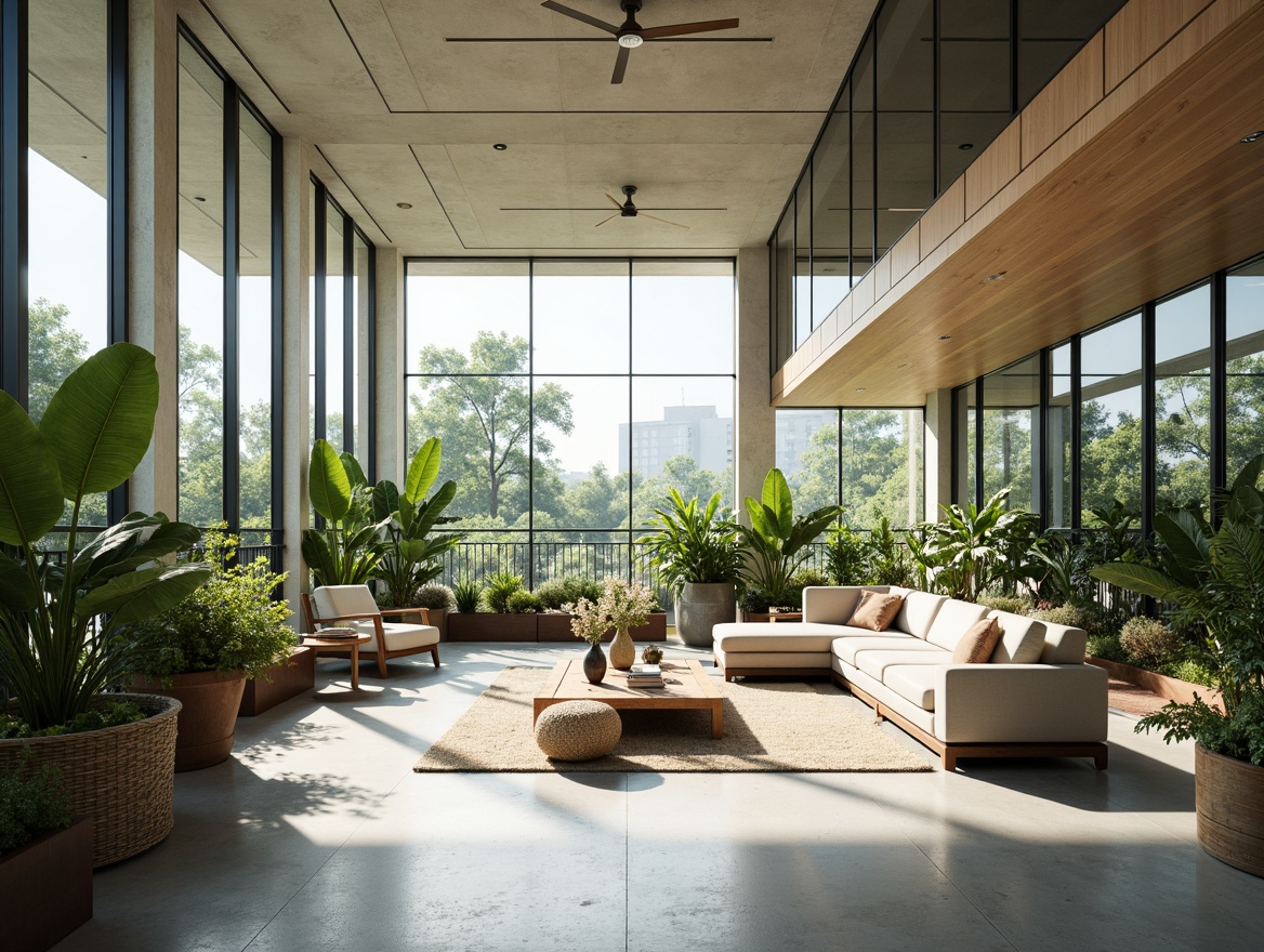 Prompt: Minimalist interior, open floor plan, high ceilings, natural light pouring in, airy atmosphere, sleek modern furniture, polished concrete floors, industrial chic decor, spacious living areas, flowing curves, green walls, urban jungle vibe, abundant plants, warm wooden accents, soft diffused lighting, shallow depth of field, 1/1 composition, panoramic view, realistic textures, ambient occlusion.