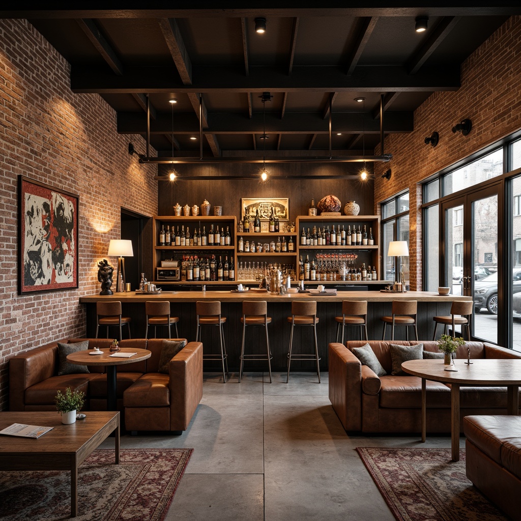 Prompt: Industrial-chic bar, reclaimed wood counters, metal stools, vintage beer signs, exposed brick walls, dim warm lighting, rustic wooden tables, distressed leather sofas, copper accents, urban loft atmosphere, minimalist decor, concrete floors, modern industrial lighting fixtures, eclectic artwork, abstract sculptures, rich wood tones, intimate seating areas, cozy corner booths.