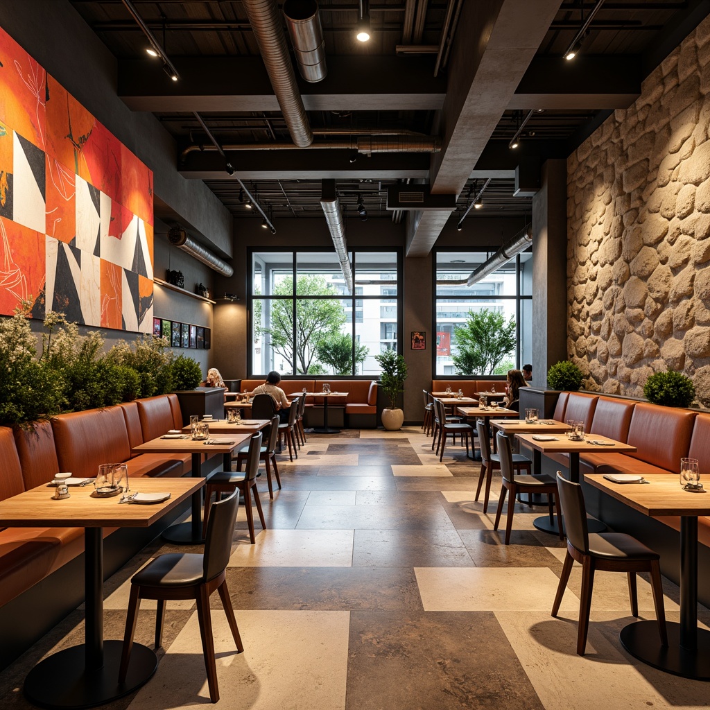 Prompt: Modern restaurant interior, polished concrete floors, reclaimed wood accents, hexagonal tiles, metallic inlays, LED lighting strips, minimalist decor, sleek tables, ergonomic chairs, vibrant color schemes, natural stone walls, industrial-chic ceilings, urban loft atmosphere, warm ambient lighting, shallow depth of field, 2/3 composition, realistic textures, subtle reflections.