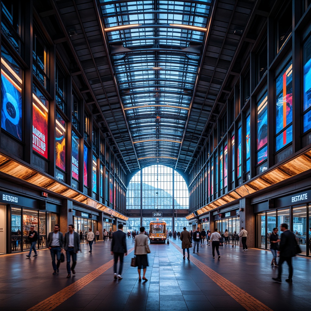 Prompt: Vibrant train station, futuristic architecture, high ceilings, grand entrance halls, sleek metal beams, neon light installations, colorful LED displays, dynamic lighting patterns, rhythmic sequences, warm ambient glow, soft indirect illumination, layered ceiling design, industrial chic materials, polished concrete floors, stainless steel accents, modern signage systems, wayfinding indicators, atmospheric misting effects, urban cityscape views, bustling passenger activity, rush hour crowds, morning commute ambiance, gentle evening lighting transitions.