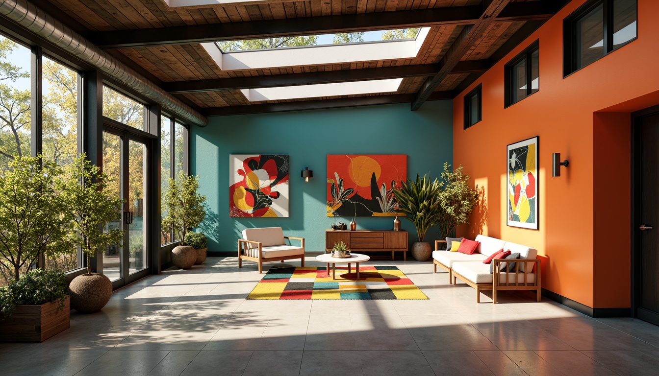 Prompt: Vibrant Bauhaus-inspired pavilion interior, bold primary colors, geometric patterns, industrial materials, exposed steel beams, polished concrete floors, minimalist decor, sleek metal accents, natural light pouring in through large skylights, warm wooden textures, cozy atmospheric lighting, abstract artwork, functional furniture design, 1/1 composition, soft focus blur, realistic reflections.