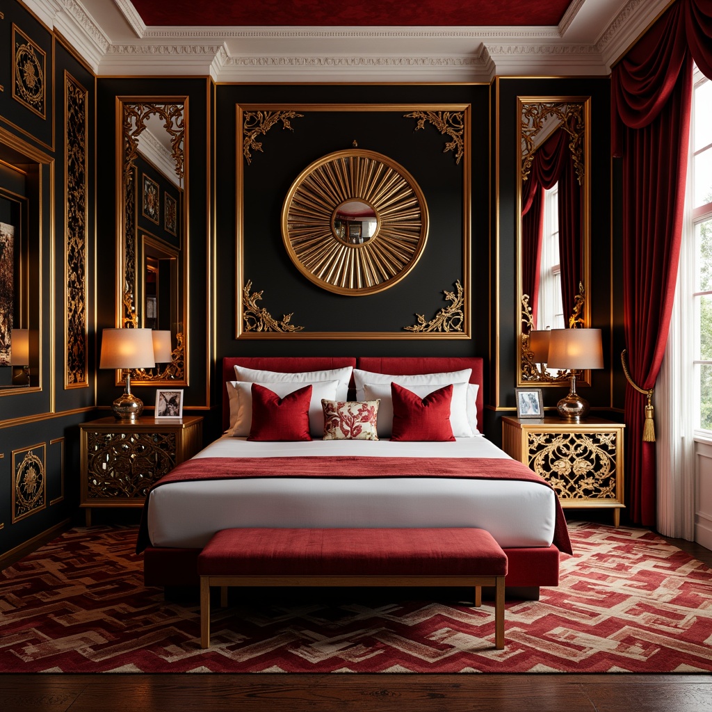 Prompt: Luxurious bedroom, bold geometric patterns, metallic accents, ornate mirrors, velvet drapes, plush carpets, curved lines, sunburst motifs, chevron shapes, zigzag designs, rich jewel tones, chrome fixtures, glossy finishes, sophisticated ambiance, dramatic lighting, low-angle shots, shallow depth of field, 2/3 composition, cinematic view.