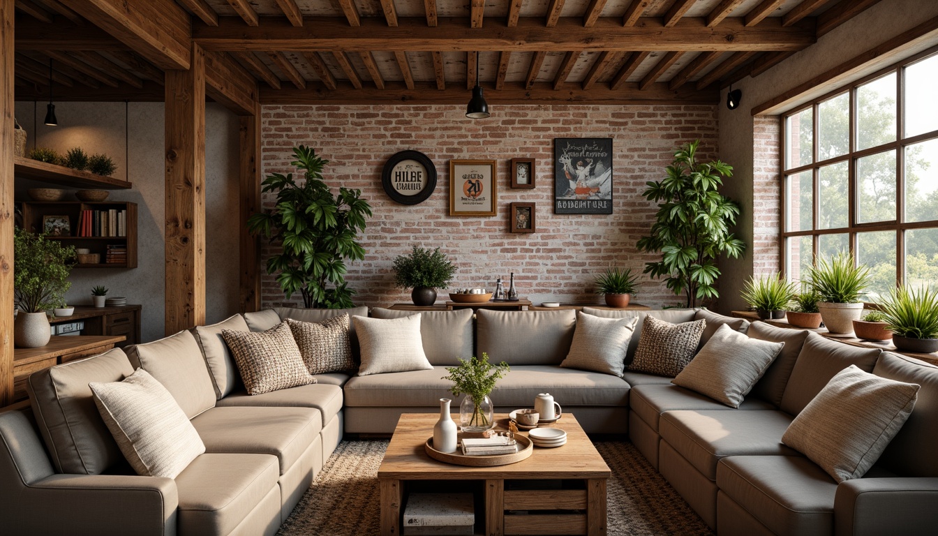 Prompt: Rustic wooden beams, vintage metal signs, distressed brick walls, reclaimed wood accents, cozy plush couches, natural woven textiles, earthy color palette, industrial metal lighting, wooden crate coffee tables, comfortable oversized pillows, farmhouse-inspired decorative items, artificial greenery, warm soft lighting, shallow depth of field, 1/1 composition, realistic textures, ambient occlusion.