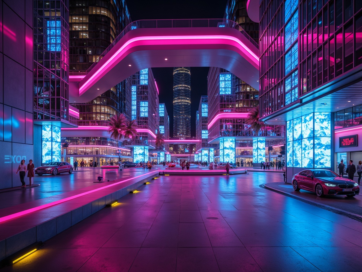 Prompt: Neon-lit cityscape, futuristic skyscrapers, iridescent hues, metallic sheen, holographic displays, glowing accents, vibrant pink neon lights, electric blue undertones, radiant yellow highlights, sleek silver lines, polished chrome surfaces, geometric patterns, 3D modeling, high-tech gadgets, minimalist interiors, ambient luminescence, shallow depth of field, 1/2 composition, cinematic lighting, realistic reflections.