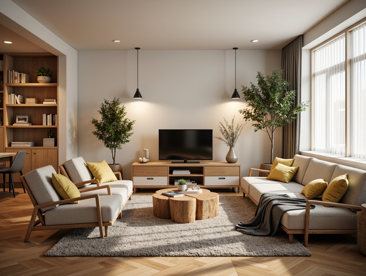 Prompt: Cozy living room, plush sofas, ergonomic chairs, wooden coffee tables, vibrant throw pillows, soft blankets, warm lighting, natural wood floors, minimalist decor, functional shelving units, modern TV stands, comfortable reading nooks, intimate seating areas, soft pastel colors, textured rugs, inviting ambiance, 1/2 composition, shallow depth of field, warm color palette.