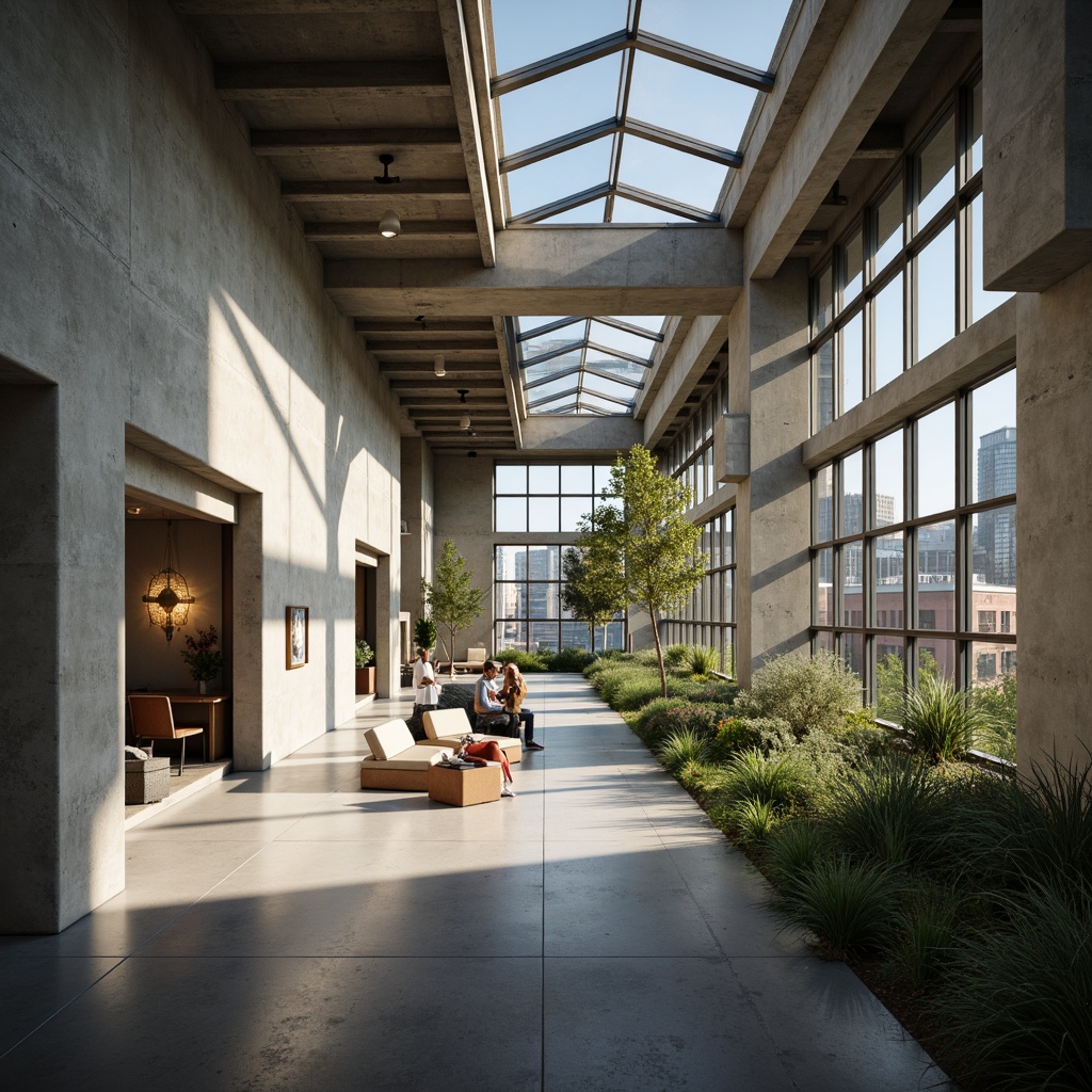 Prompt: Raw concrete walls, industrial metal beams, minimalist decor, abundant natural light, clerestory windows, skylights, open floor plans, reflective flooring, polished metal accents, urban cityscape views, modern brutalist architecture, dramatic shadows, high ceilings, sparse greenery, subtle warm lighting, cinematic atmosphere, 1/1 composition, soft focus, realistic textures.