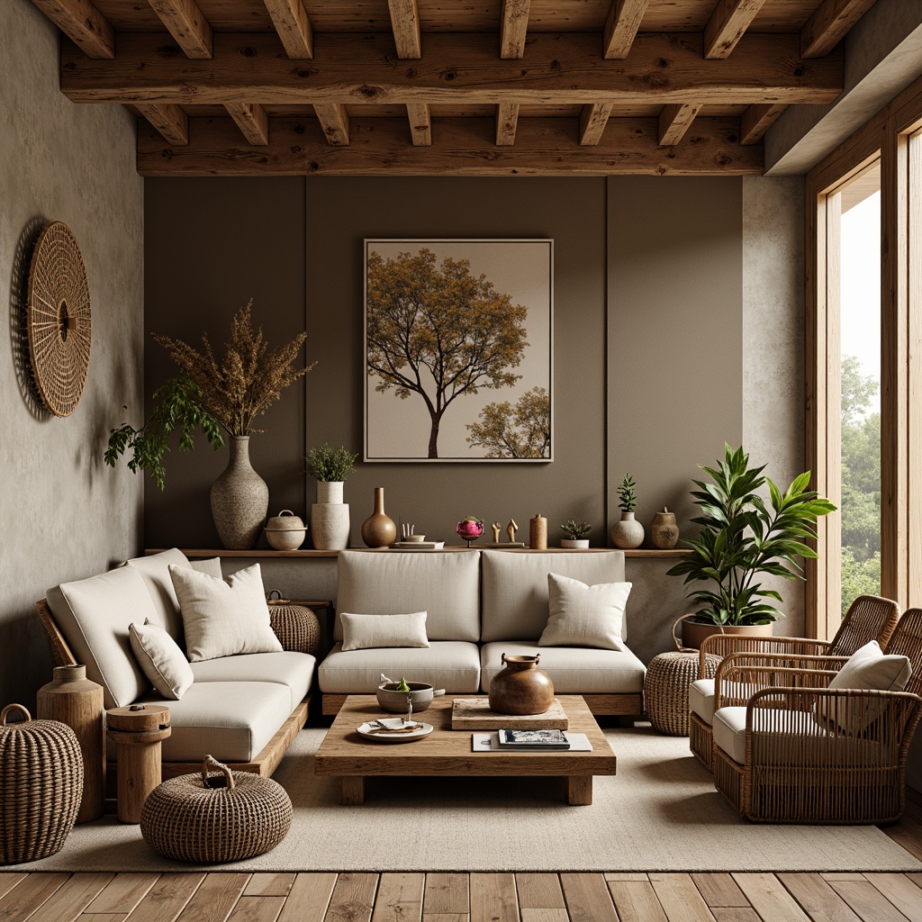 Prompt: Rustic wooden textures, natural stone walls, earthy ceramics, woven wicker furniture, vintage metal decorations, distressed leather upholstery, reclaimed wood accents, organic cotton fabrics, bamboo flooring, linen drapes, botanical prints, soft warm lighting, 1/1 composition, shallow depth of field, realistic textures, ambient occlusion.