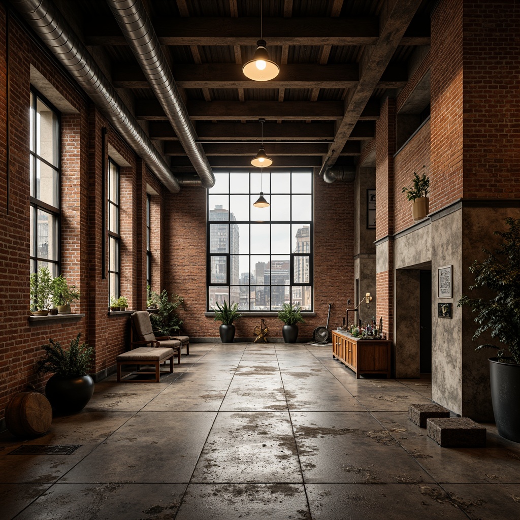 Prompt: Exposed brick walls, metal beams, reclaimed wood floors, industrial-style lighting fixtures, distressed concrete textures, urban cityscape, abandoned factory background, gritty realistic atmosphere, warm color palette, shallow depth of field, 2/3 composition, dramatic backlighting, high contrast ratio, weathered steel accents, mechanical machinery parts, functional pipes and ducts, minimalist decor, edgy modern aesthetic.