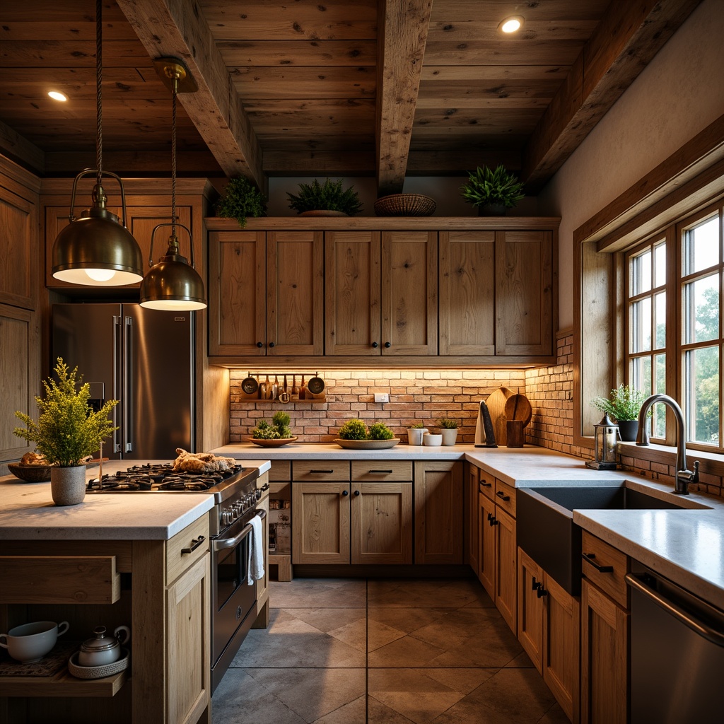 Prompt: Warm kitchen ambiance, rustic wooden cabinets, earthy color palette, pendant lanterns, bronze metal fixtures, seeded glass shades, distressed finishes, farmhouse sink, natural stone countertops, brick backsplash, vintage-inspired appliances, soft warm lighting, 1/1 composition, shallow depth of field, realistic textures, ambient occlusion.