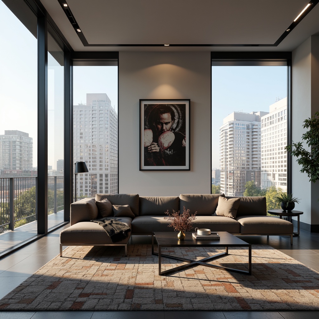 Prompt: Luxurious living room, sleek low-profile sofa, velvety smooth upholstery, chrome accents, minimalist coffee table, geometric patterned rug, floor-to-ceiling windows, natural light pouring in, urban cityscape views, contemporary abstract artwork, ambient soft lighting, 1/1 composition, realistic textures, subtle shadowing.