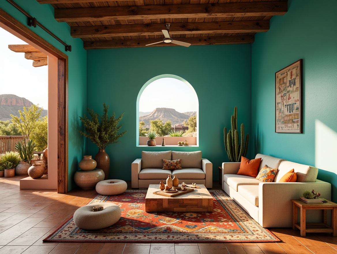 Prompt: Vibrant turquoise walls, earthy terracotta floors, sandy beige furniture, rich walnut wood accents, colorful Navajo-inspired patterns, woven textiles, natural fiber rugs, warm golden lighting, rustic metal decor, southwestern-style pottery, desert landscape views, cactus plants, clear blue skies, soft warm sunbeams, shallow depth of field, 3/4 composition, realistic textures, ambient occlusion.