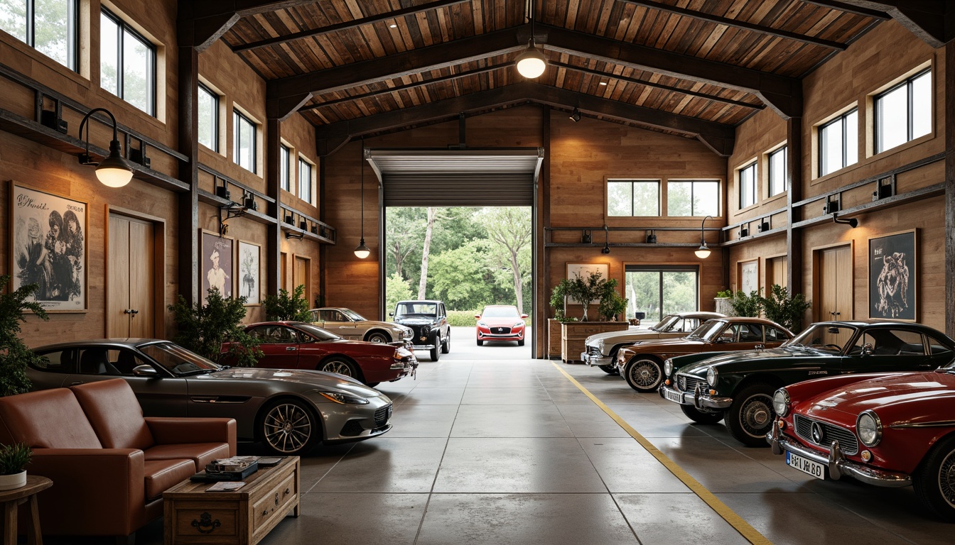 Prompt: Rustic garage, vintage car displays, distressed wood accents, metal signage, industrial lighting fixtures, polished concrete floors, decorative steel beams, earthy color palette, natural stone walls, ornate door hardware, luxurious leather upholstery, rich wood tones, elegant chrome details, sophisticated floor plans, dramatic ceiling heights, ample natural light, soft warm glow, shallow depth of field, 1/1 composition, realistic textures, ambient occlusion.