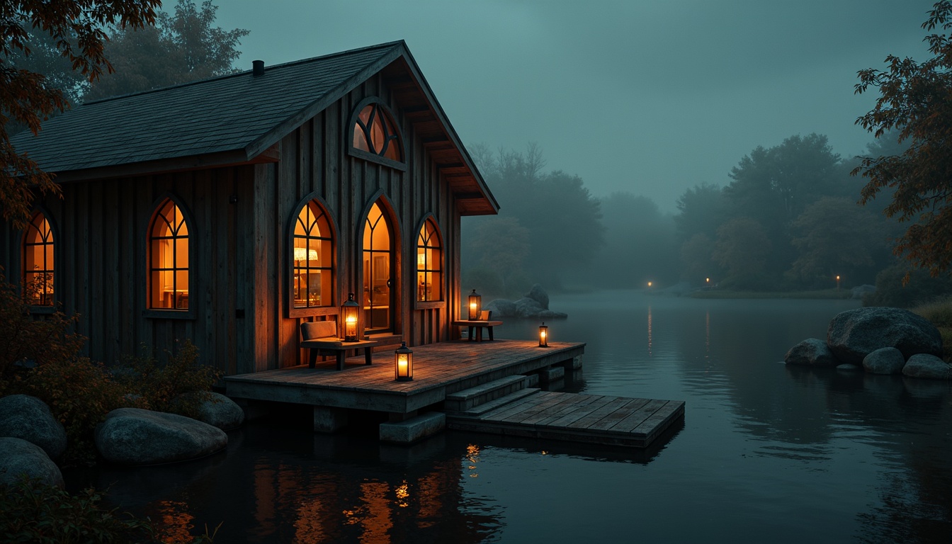 Prompt: Moody boathouse, mysterious lake, foggy atmosphere, warm candlelight, lanterns, wooden docks, rusty metal accents, distressed stone walls, gothic arches, stained glass windows, heavy drapery, luxurious velvet fabrics, dimly lit interior, softbox lighting, high contrast ratios, dramatic shadows, atmospheric mist, eerie silence, cinematic composition, low-key color palette, mysterious ambiance.