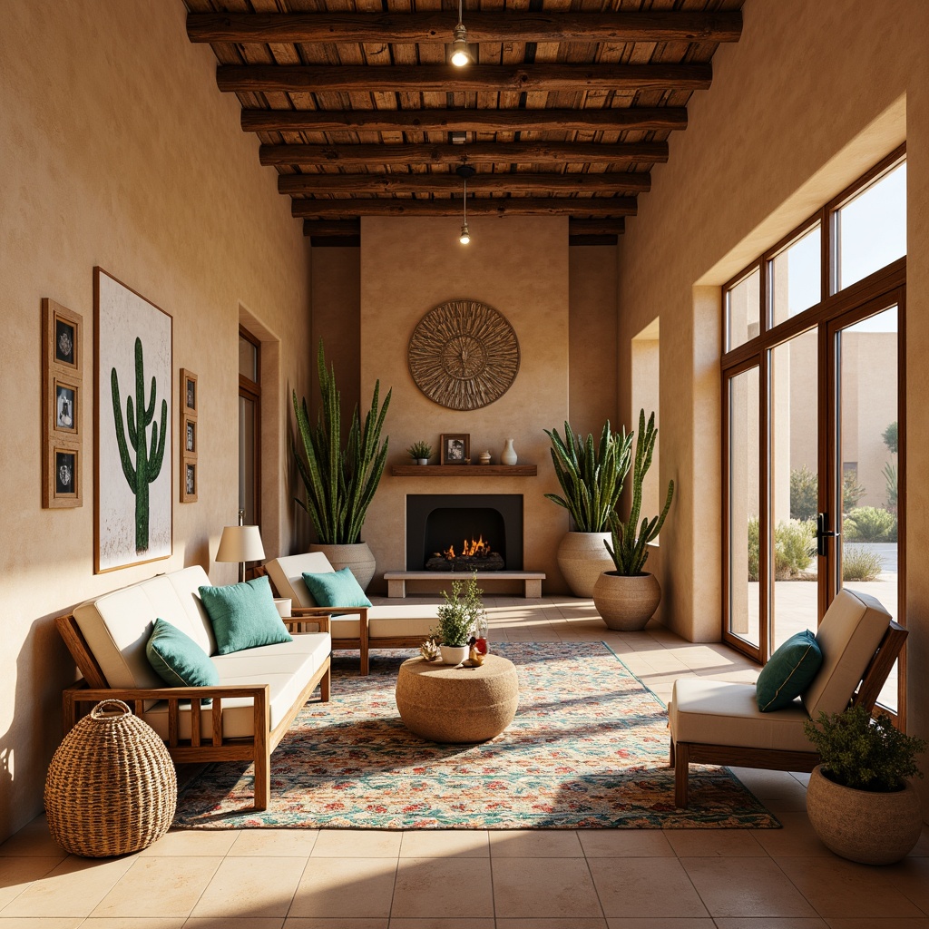 Prompt: Earthy southwestern interior, warm beige walls, rustic wooden furniture, plush turquoise accents, woven textiles, natural fiber rugs, desert-inspired artwork, potted cacti, vibrant colorful tiles, geometric patterns, open floor plan, high ceilings, large windows, abundant natural light, soft warm glow, 1/1 composition, realistic textures, ambient occlusion.