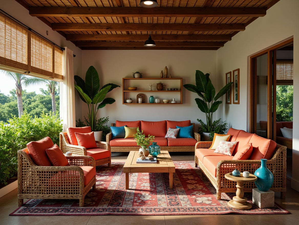 Prompt: Woven rattan sofas, plush velvet armchairs, natural wood coffee tables, vibrant colorful throw pillows, exotic patterned rugs, lush greenery, tropical plants, reclaimed wood accents, woven bamboo shades, warm beige walls, coral-inspired decorative accessories, ocean-blue glass vases, ambient soft lighting, 1/1 composition, realistic textures, shallow depth of field.