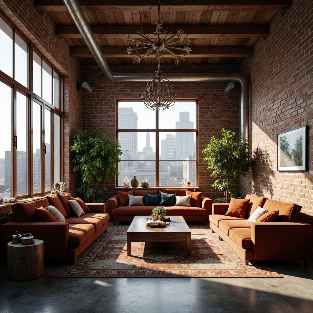 Prompt: Industrial chic loft, exposed brick walls, polished concrete floors, reclaimed wood accents, metallic beams, ornate Art Deco patterns, luxurious velvet sofas, rich wooden furniture, vintage decorative items, grand chandeliers, oversized windows, abundant natural light, urban cityscape views, soft warm glow, low-key ambient lighting, 1/1 composition, symmetrical balance, high contrast, intricate textures, dramatic shadows.