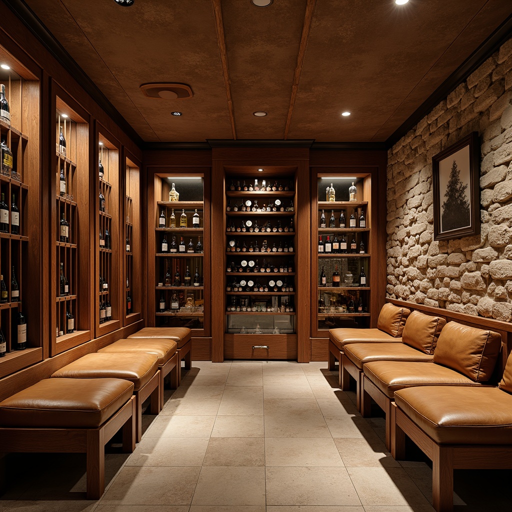 Prompt: Luxurious wine cellar, rich wood tones, elegant metalwork, soft warm lighting, ambient temperature control, humidification systems, premium leather seating, reclaimed wood shelving, glass-enclosed wine displays, rustic stone walls, earthy color palette, sophisticated wine storage, curved wooden benches, ornate metal door handles, dimmable LED lights, 1/1 composition, shallow depth of field, realistic textures.