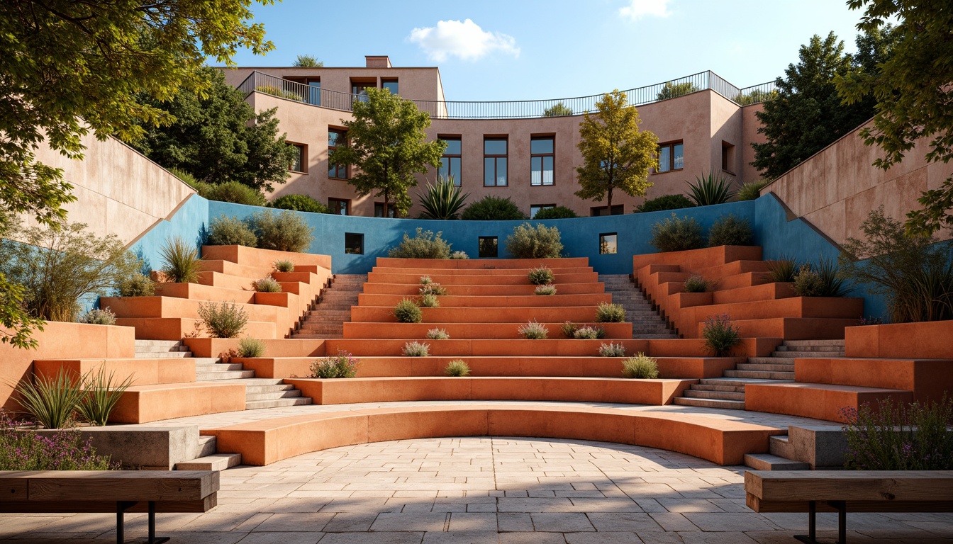 Prompt: Vibrant amphitheater, bold stepped seating, warm terracotta tones, deep blue accents, lush greenery, natural stone walls, wooden benches, rustic metal railings, sunny day, soft warm lighting, shallow depth of field, 3/4 composition, panoramic view, realistic textures, ambient occlusion, earthy color scheme, organic shapes, curved lines, ornate details, Mediterranean-inspired architecture.