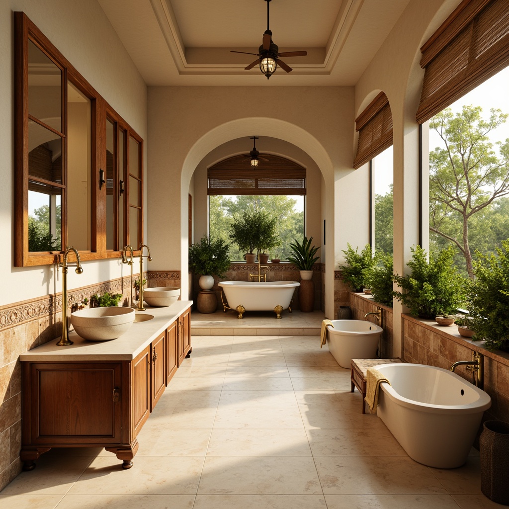 Prompt: Warm Mediterranean bathroom, creamy white marble floors, soft golden lighting, ornate bronze fixtures, elegant vessel sinks, decorative ceramic tiles, natural stone walls, earthy terracotta accents, lush green plants, warm beige countertops, classic pedestal tubs, rustic wooden cabinets, subtle mosaic patterns, Mediterranean-inspired accessories, ocean-breeze ambiance, soft focus photography, 1/2 composition, warm color palette.