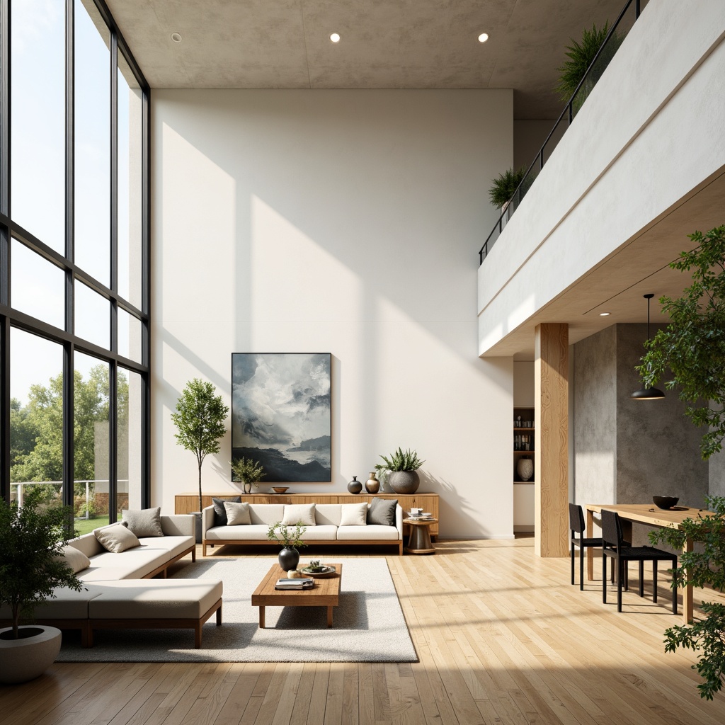 Prompt: Minimalist interior, open-plan living area, high ceilings, floor-to-ceiling windows, natural light pouring in, airy atmosphere, sleek wooden floors, modern furniture, greenery walls, potted plants, abstract artwork, geometric patterns, calming color palette, soft diffused lighting, 1/1 composition, shallow depth of field, realistic textures, ambient occlusion.