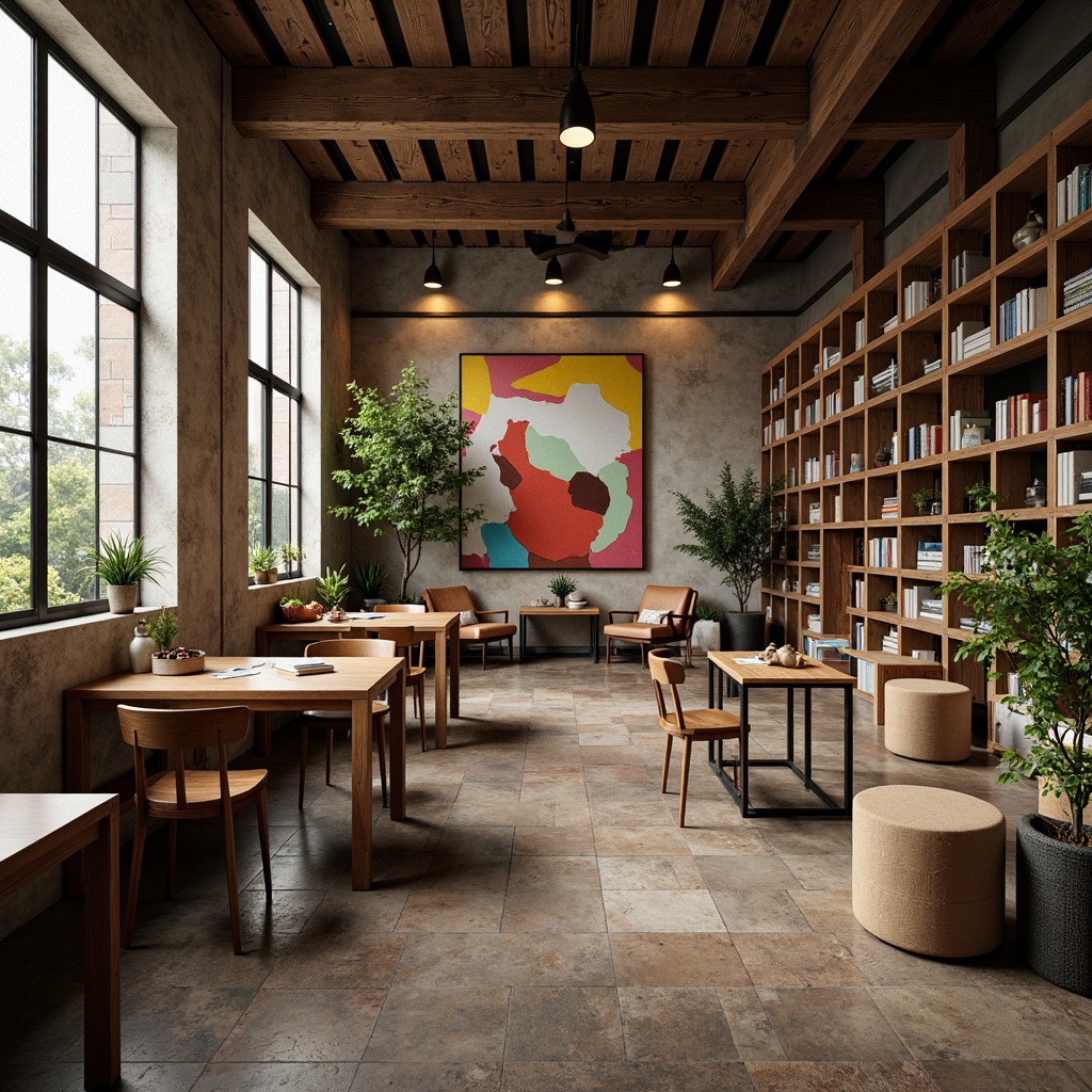 Prompt: Rustic wooden desks, ergonomic chairs, vibrant abstract artwork, eclectic furniture arrangements, natural stone flooring, earthy color schemes, industrial metal lighting fixtures, reclaimed wood accents, cozy reading nooks, floor-to-ceiling bookshelves, warm ambient lighting, shallow depth of field, 1/1 composition, realistic textures, ambient occlusion.