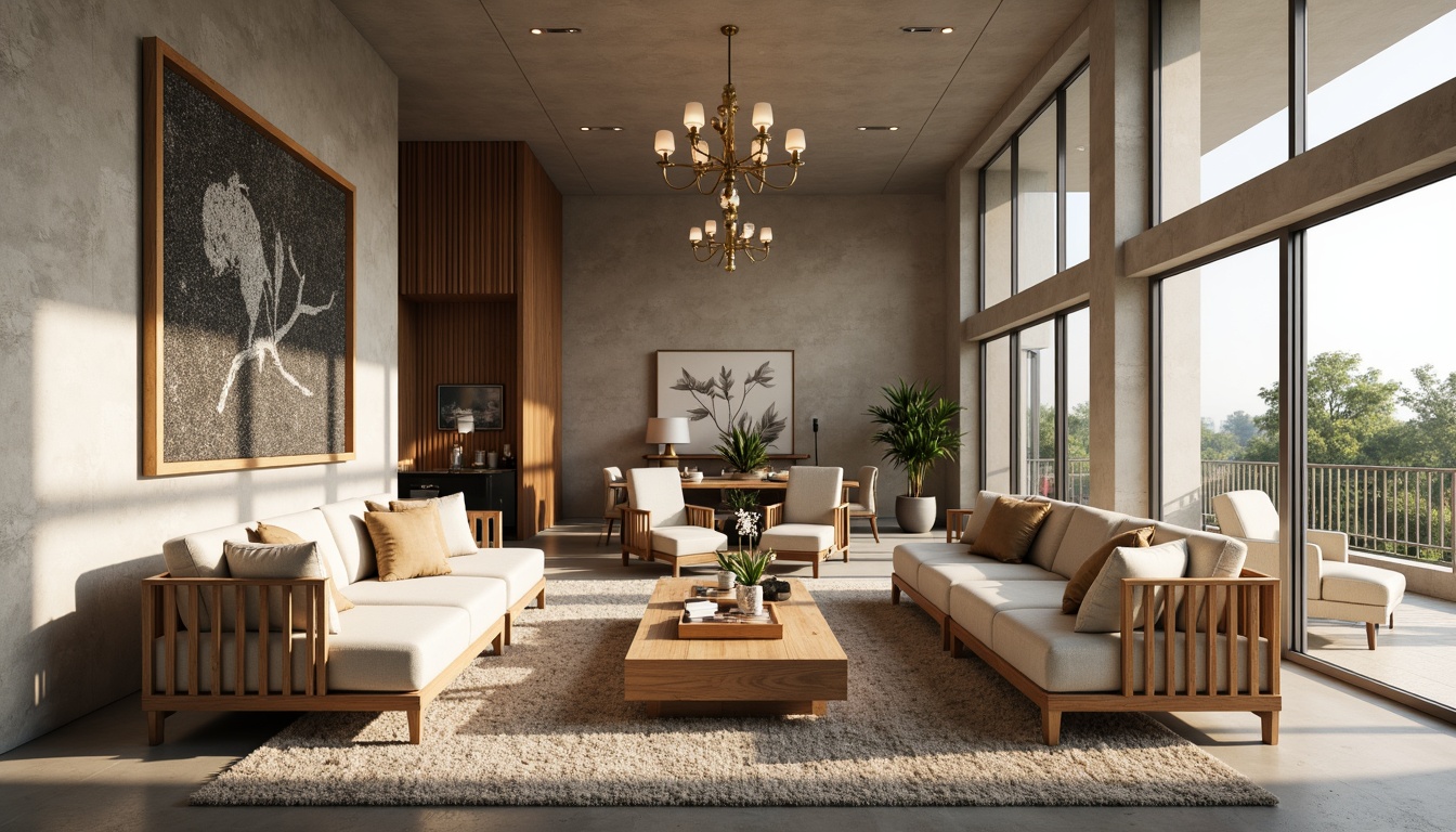 Prompt: Spacious great room, comfortable seating area, plush sofas, accent chairs, wooden coffee tables, luxurious rugs, floor-to-ceiling windows, natural daylight, warm neutral colors, textured walls, modern minimalist decor, elegant chandeliers, soft ambient lighting, 1/1 composition, shallow depth of field, realistic textures, ambient occlusion.