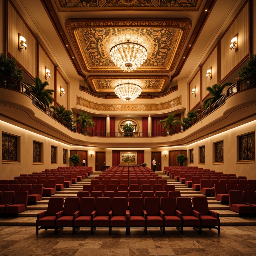 Prompt: Warm Mediterranean-style auditorium, grand high ceilings, ornate chandeliers, soft warm lighting, ambient glow, subtle color temperatures, elegant curves, ornamental ironwork, rich wood tones, plush velvet seats, intricate mosaics, majestic arches, sweeping staircases, lavish drapes, golden accents, warm beige walls, soft diffused light, 3/4 composition, symmetrical balance, realistic textures, ambient occlusion.Note