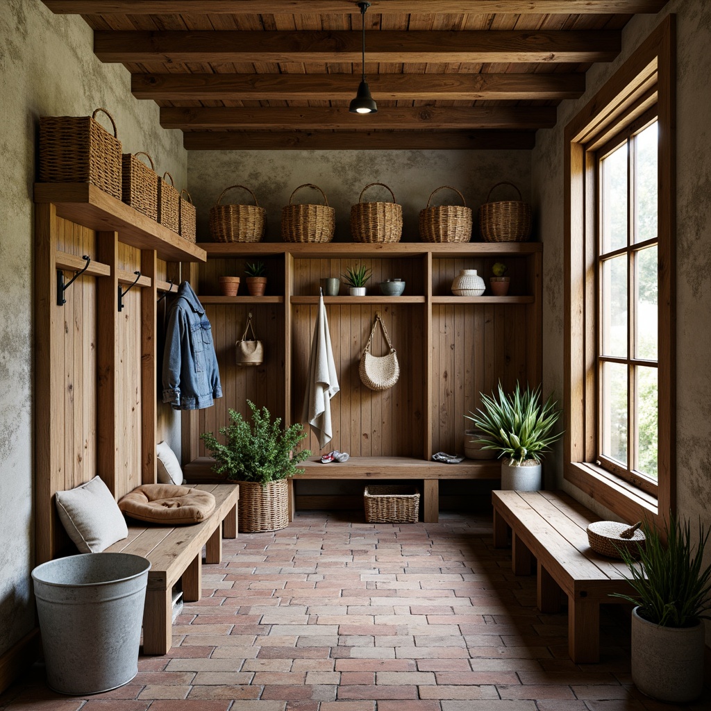 Prompt: Rustic mudroom, earthy tones, natural stone walls, reclaimed wood accents, distressed finishes, woven baskets, vintage decor, rough-hewn wooden benches, galvanized metal buckets, aged brick flooring, warm ambient lighting, shallow depth of field, 1/1 composition, realistic textures, ambient occlusion.