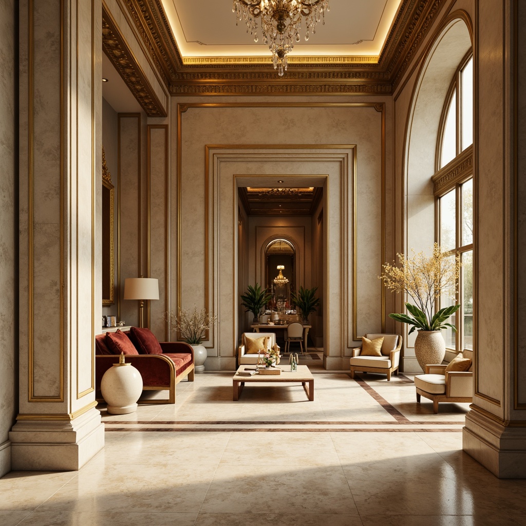 Prompt: Elegant interior space, neoclassical architecture, ornate moldings, rich wood tones, cream marble floors, soft golden lighting, warm beige walls, luxurious velvet fabrics, intricate patterns, subtle sheen, refined textures, sophisticated ambiance, muted color scheme, earthy undertones, weathered stone accents, lavish furnishings, opulent chandeliers, serene atmosphere, shallow depth of field, 1/1 composition, realistic renderings.