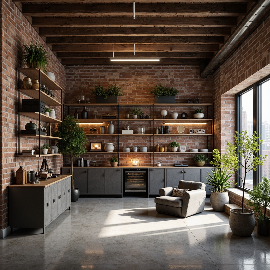 Prompt: Rustic storage room, exposed brick walls, metal beams, reclaimed wood shelving, industrial-style lighting fixtures, polished concrete floors, modern minimalist decor, functional storage solutions, steel cabinets, distressed finishes, urban loft aesthetic, open piping, Edison bulbs, utilitarian chic, airy high ceilings, natural light pouring in, shallow depth of field, 3/4 composition, realistic textures, ambient occlusion.