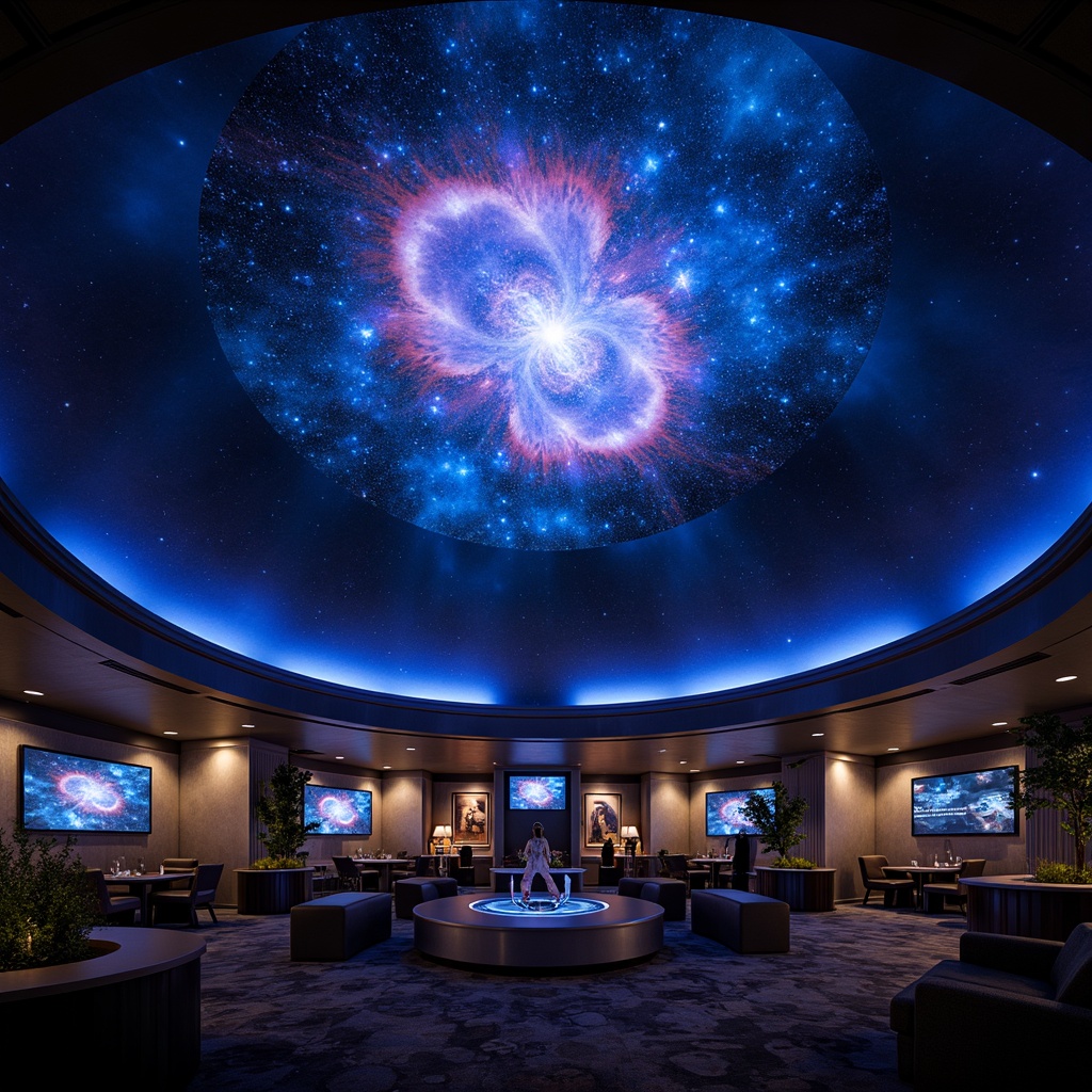 Prompt: Celestial planetarium, dark blues and purples, nebula-inspired hues, starry night sky, deep indigos, rich blacks, metallic silvers, iridescent accents, soft glowing lights, ethereal ambiance, mystical atmosphere, 3D projection mapping, immersive experience, futuristic design, spherical structure, dome-shaped ceiling, comfortable seating, interactive exhibits.