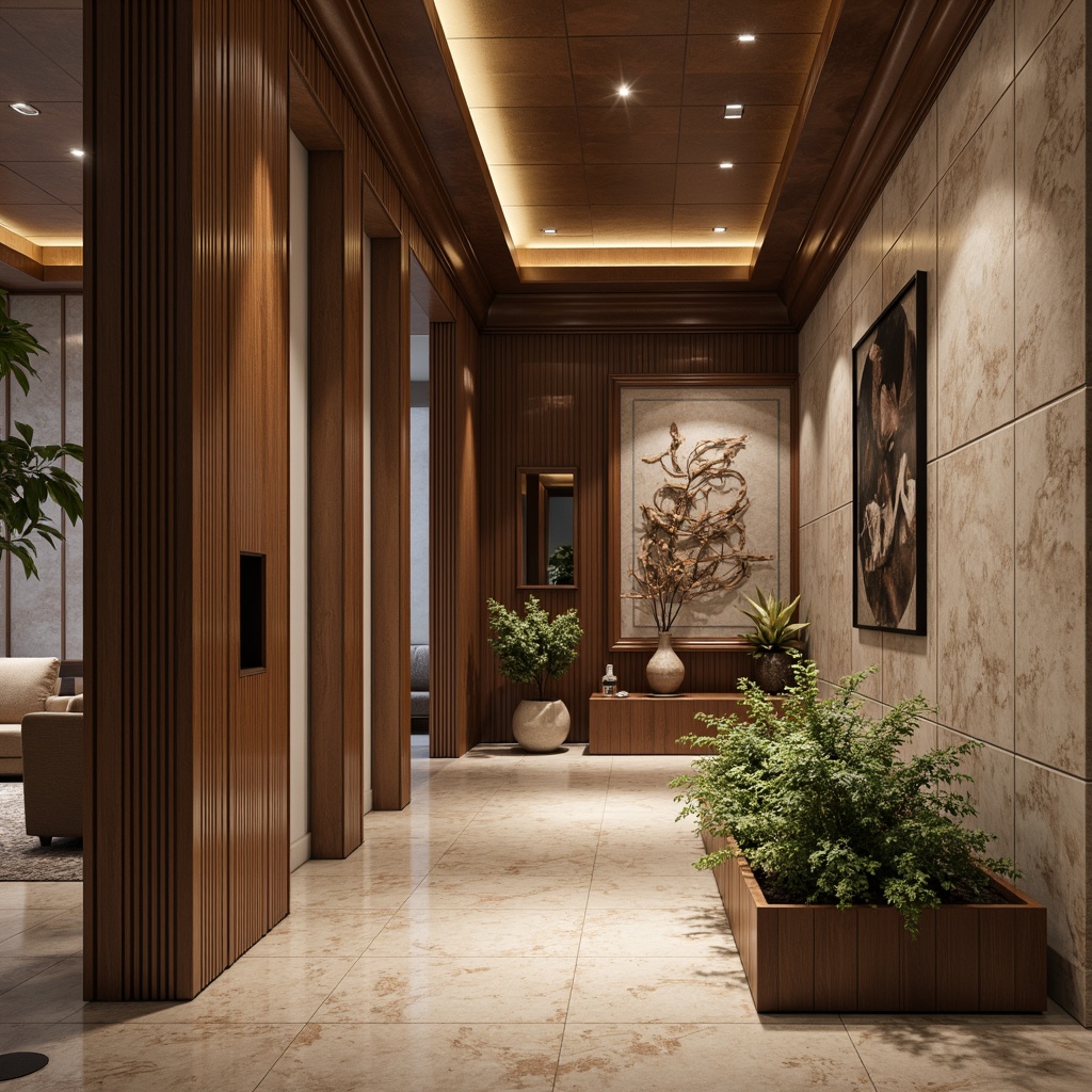 Prompt: Luxurious interior space, elegant wall finishes, rich textures, sophisticated color palette, high-end materials, marble accents, metallic coatings, glossy paints, matte finishes, rough stone veneers, natural wood panels, decorative molding details, ornate ceiling designs, ambient warm lighting, shallow depth of field, 1/2 composition, realistic reflections, subtle shadows.