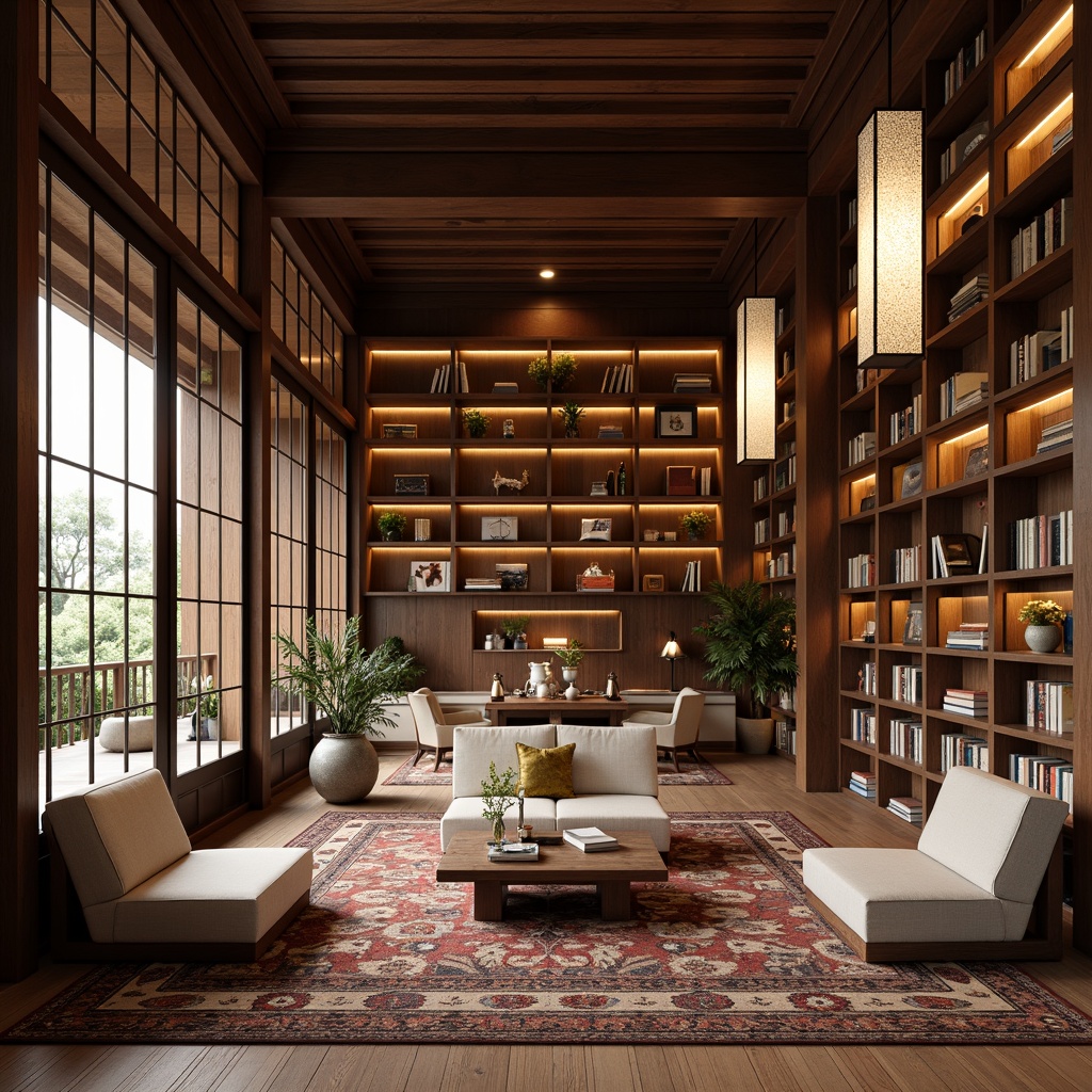 Prompt: \Traditional Asian-inspired library interior, warm wooden shelves with ornate carvings, sliding glass doors, lantern-style lighting fixtures, intricately patterned rugs, comfortable seating areas, natural stone flooring, rich wood accents, subtle aromas of old books, cozy reading nooks, minimalist decor, modern technology integration, subtle color palette, soft warm lighting, 1/1 composition, realistic textures, ambient occlusion.\