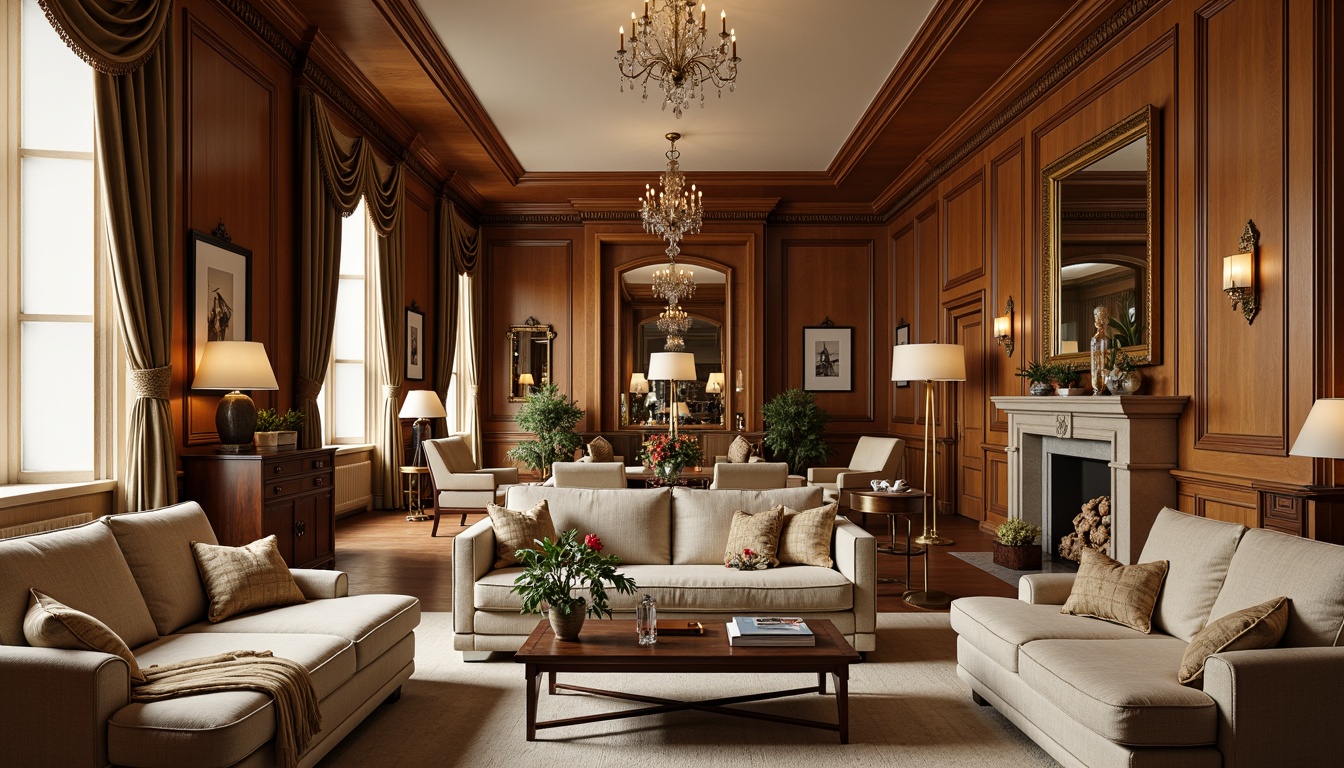 Prompt: Elegant living room, rich wood tones, ornate carvings, plush velvet upholstery, curved lines, sophisticated furniture pieces, luxurious fabrics, soft golden lighting, warm beige walls, high ceilings, intricate moldings, crystal chandeliers, refined accessories, subtle patterns, timeless design, classic proportions, stately atmosphere, formal seating areas, grand pianos, lavish drapery, ornate mirrors.