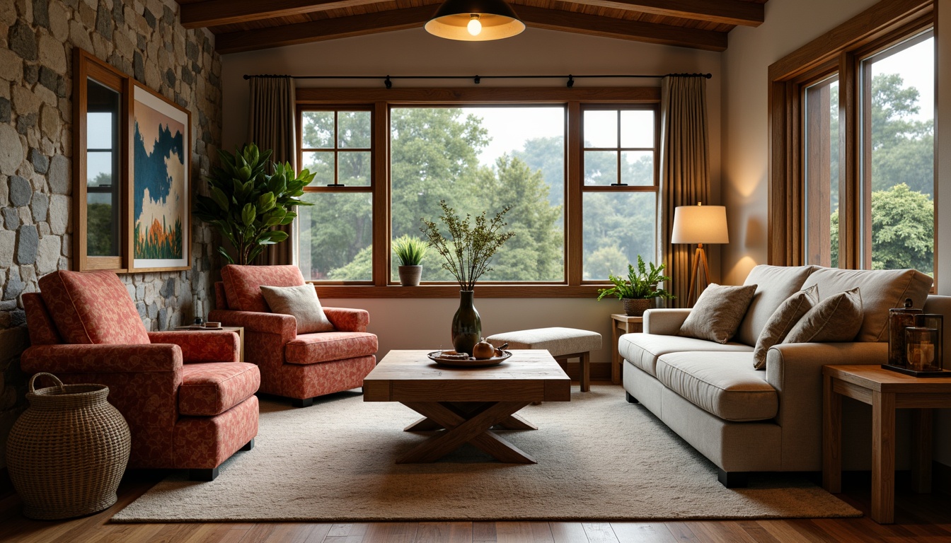 Prompt: Cozy living room, comfortable sofas, plush armchairs, wooden coffee table, vibrant throw pillows, soft carpet flooring, natural stone walls, large windows, warm lighting, shallow depth of field, 3/4 composition, realistic textures, ambient occlusion, intimate atmosphere, conversational seating layout, circular formation, balanced visual weight.