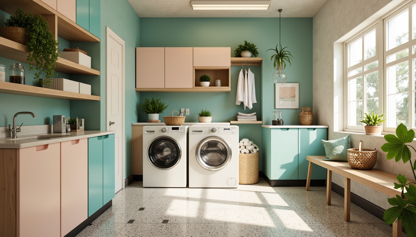 Prompt: Retro-style laundry room, mid-century modern appliances, sleek chrome finishes, rounded edges, pastel color palette, terrazzo flooring, geometric patterned tiles, minimalist cabinetry, vintage-inspired washing machines, dryers with metallic accents, hanging planters, natural textiles, abundant daylight, soft warm lighting, 1/1 composition, shallow depth of field, realistic reflections, ambient occlusion.