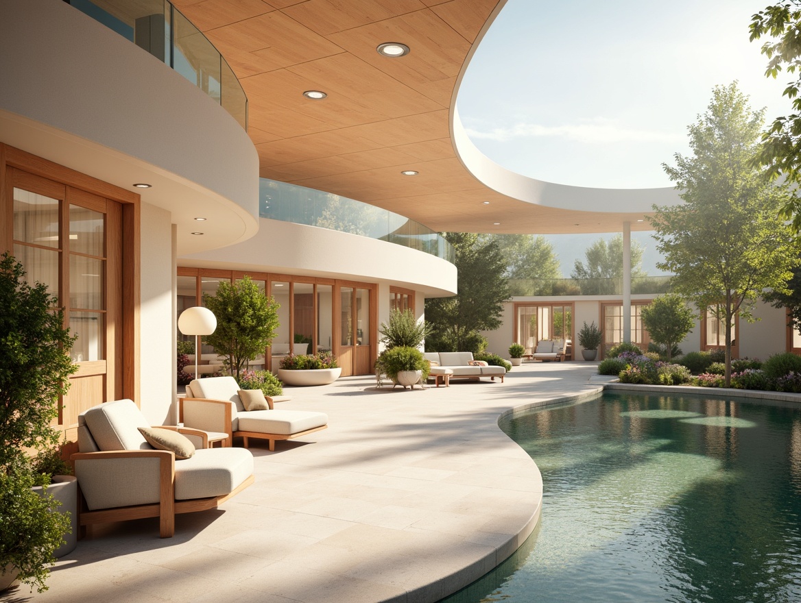 Prompt: Soothing healthcare facility, calming ambiance, gentle curves, natural wood accents, soft peach hues, creamy whites, pale blues, minty freshness, warm beige tones, comfortable seating areas, lush greenery, peaceful water features, serene gardens, abundant natural light, diffused warm lighting, shallow depth of field, 2/3 composition, realistic textures, ambient occlusion.