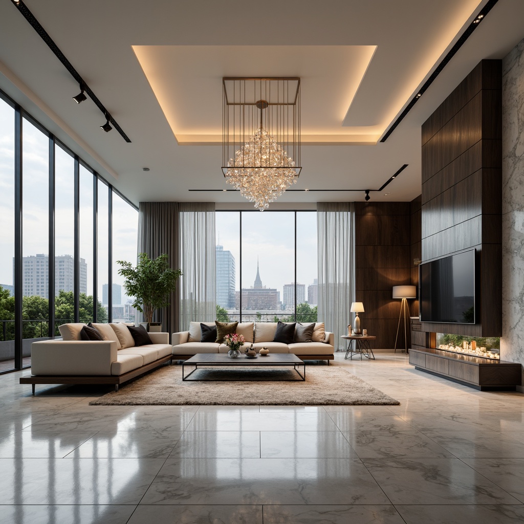 Prompt: Modern luxury living room, sleek low-profile furniture, polished marble floors, statement light fixtures, crystal chandeliers, minimalist track lighting, floor-to-ceiling windows, cityscape views, neutral color palette, rich textiles, plush area rugs, metallic accents, sophisticated ambiance, warm soft glow, high-contrast ratio, 1/1 composition, shallow depth of field, realistic reflections.