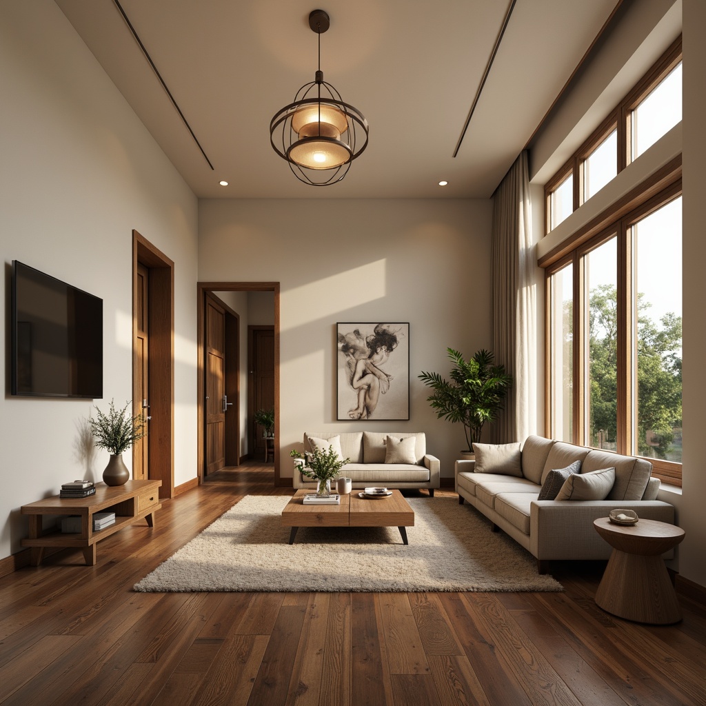 Prompt: Warm transitional living room, rich hardwood flooring, dark wood tones, creamy white walls, comfortable furniture, natural fiber rugs, soft warm lighting, elegant chandeliers, subtle textures, 3/4 composition, shallow depth of field, realistic renderings, ambient occlusion, spacious open-plan layout, sleek minimalist decor, modern luxury vibe.