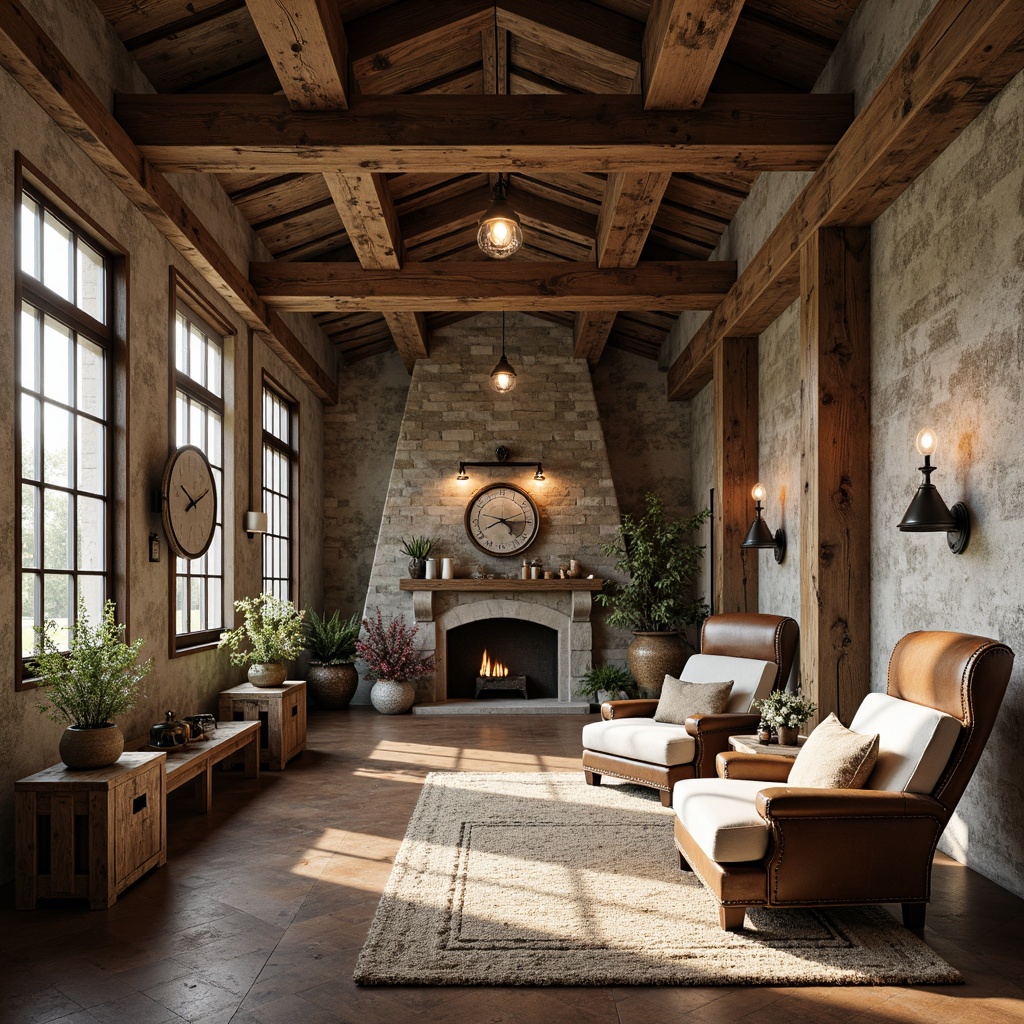 Prompt: Distressed wooden beams, rustic metal accents, vintage industrial lighting, textured stone walls, reclaimed wood flooring, earthy color palette, natural linen fabrics, woven baskets, potted greenery, soft warm lighting, shallow depth of field, 3/4 composition, panoramic view, realistic textures, ambient occlusion, French country-inspired decor, distressed finishes, ornate metalwork, rustic wooden crates, aged leather armchairs.