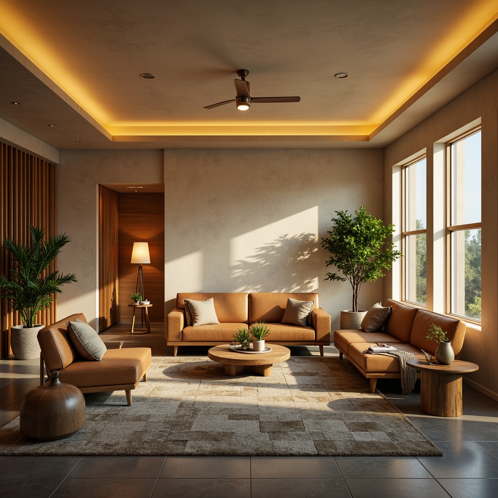 Prompt: Vibrant living room, cozy atmosphere, warm beige walls, rich brown furniture, soft golden lighting, plush area rug, comfortable seating, natural wood accents, modern minimalist decor, sleek metal fixtures, calming blue-green hues, subtle texture contrasts, 3/4 composition, warm inviting ambiance, realistic material renderings.