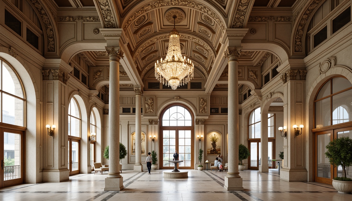 Prompt: Ornate classical architecture, intricately carved stone facades, decorative cornices, ornamental moldings, grandiose columns, sweeping arches, refined pilasters, luxurious marble floors, elegant chandeliers, crystal glass doors, symmetrical compositions, balanced proportions, soft warm lighting, subtle shadows, 1/2 composition, realistic textures, ambient occlusion.