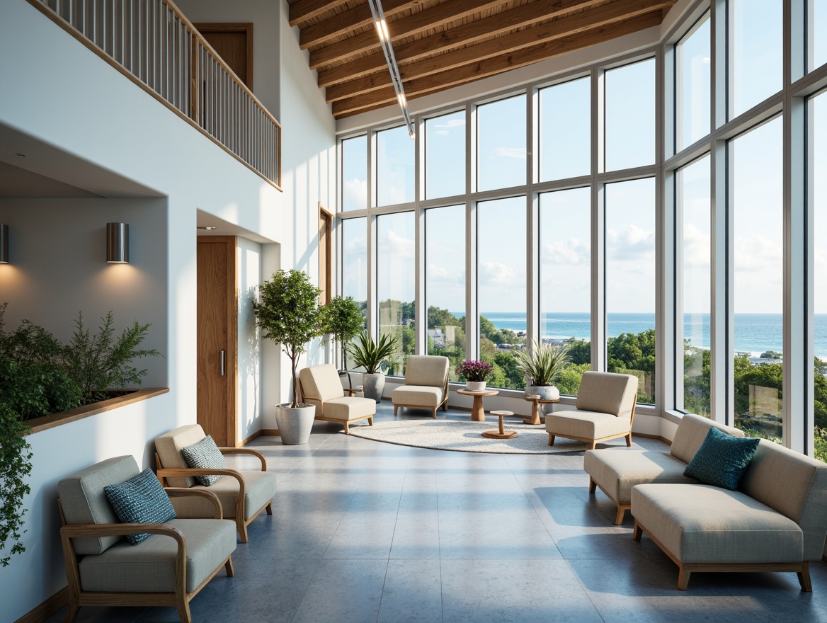 Prompt: \Serene coastal healthcare center, large windows, natural light, soft warm glow, ocean-inspired color palette, calming blue hues, crisp white walls, driftwood accents, woven textiles, sea salt air, gentle ocean breeze, minimalist decor, sleek metal fixtures, energy-efficient LED lighting, warm task lighting, comfortable waiting areas, soothing ambient sounds, 1/1 composition, shallow depth of field, realistic textures, ambient occlusion.\Let me know if you need any adjustments!