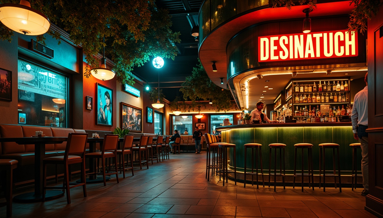 Prompt: Vibrant nightlife scene, luxurious bar atmosphere, rich wood accents, metallic finishes, neon signs, bold typography, deep blues, emerald greens, fiery oranges, golden yellows, warm beige tones, velvety textures, soft ambient lighting, dramatic shadows, 1/2 composition, low-angle shot, cinematic mood, realistic reflections, detailed architecture.