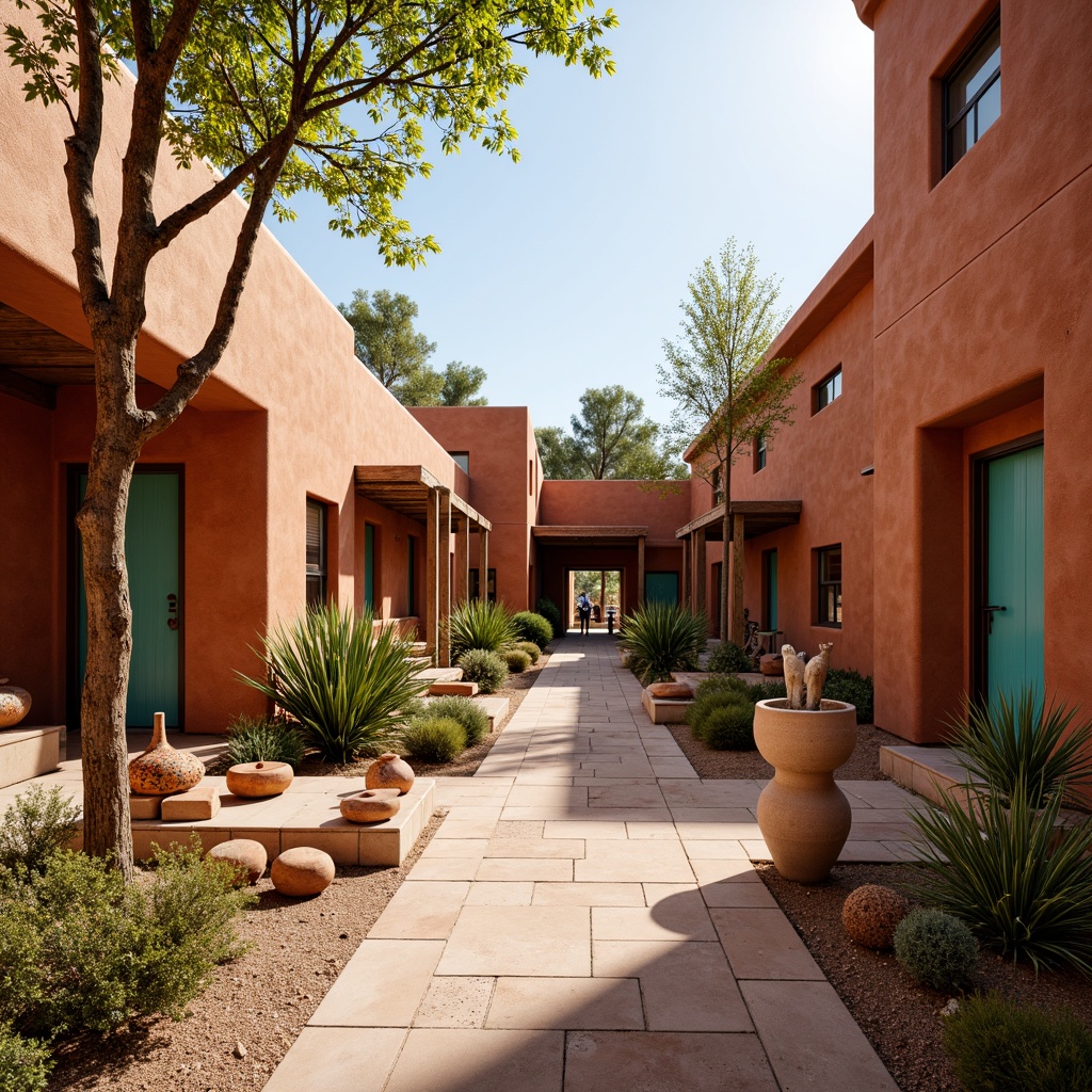 Prompt: Warm adobe red buildings, earthy brown stucco walls, turquoise accents, soft sandy beige walkways, vibrant greenery, lush desert plants, cactus silhouettes, sunny afternoon light, warm golden hour, shallow depth of field, 3/4 composition, panoramic view, realistic textures, ambient occlusion, Southwestern tile patterns, colorful ceramic pottery, woven textiles, rustic wooden benches, natural stone fountains.