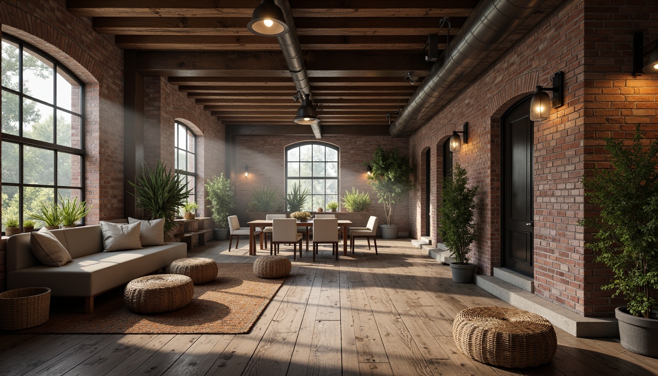 Prompt: Rustic wooden planks, distressed metal accents, vintage industrial pipes, exposed brick walls, reclaimed wooden beams, earthy tone color palette, natural stone flooring, woven wicker furniture, soft warm lighting, atmospheric mist, shallow depth of field, 1/1 composition, realistic textures, ambient occlusion.