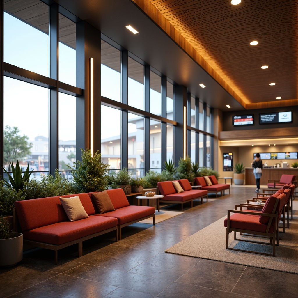 Prompt: Cozy waiting lounges, plush sofas, vibrant color schemes, wooden accents, natural stone floors, large windows, soft warm lighting, shallow depth of field, 3/4 composition, panoramic view, realistic textures, ambient occlusion, modern minimalist design, ergonomic chairs, comfortable cushions, power outlets, USB ports, free Wi-Fi signs, refreshment counters, coffee machines, snack bars, airport or train station backgrounds, bustling atmosphere, soft background music.